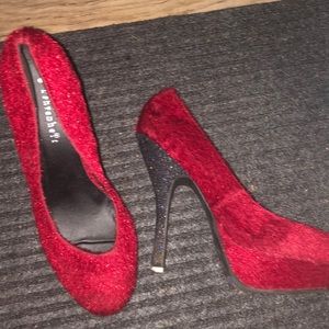 Red fur heels with glitter heel